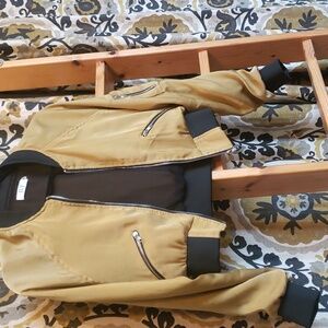 ILY Women's Bomber Cropped Jacket Size Medium Gold Black Zip Pockets